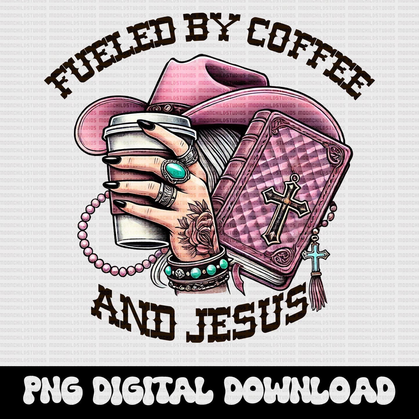 Christian Fueled by coffee and jesus western yallternative cowgirl png graphic digital download for sublimation or dtf
