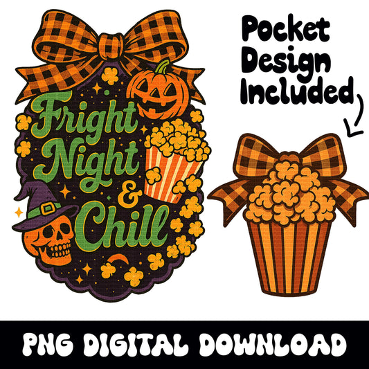Vintage Halloween "Fright night & chill" pumpkin skull popcorn bow PNG graphic digital downloads for tshirt sublimation or dtf