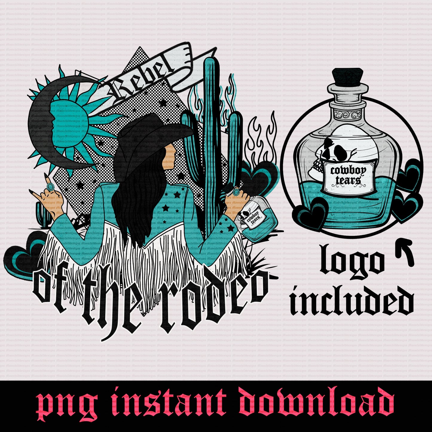 yallternative Rebel of the rodeo Graphic western cowgirl celestial skull cowboy tears potion bottle png