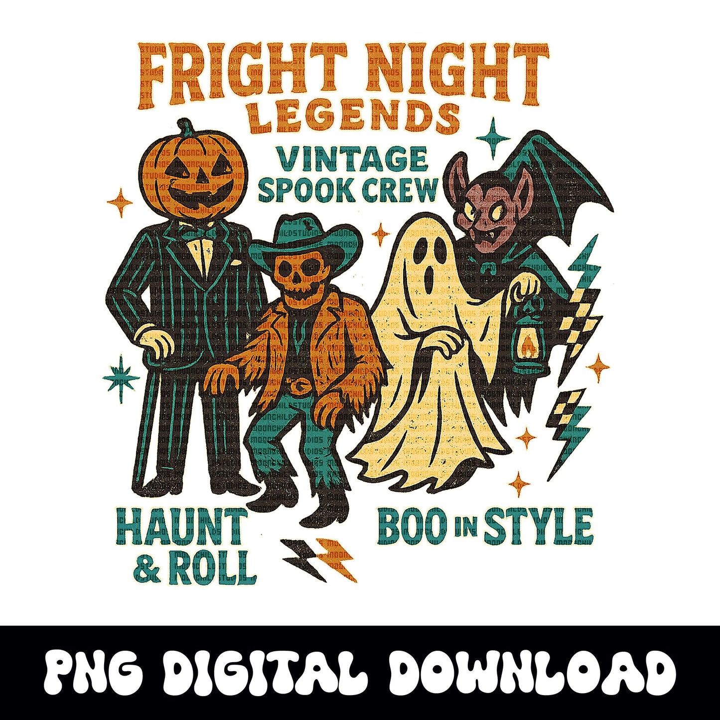 Vintage retro halloween "fright night legends" PNG graphic INSTANT digital download for tshirt sublimation or dtf