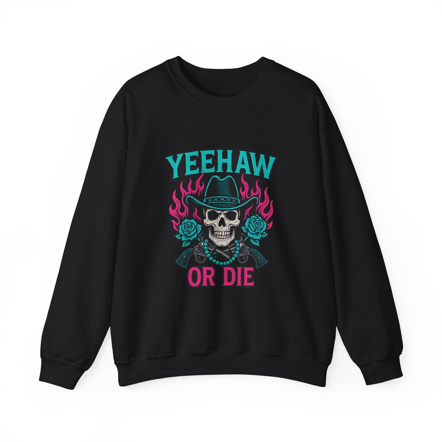 Western "yeehaw or die" flaming skull revolver rose turquoise png graphic INSTANT digital download for tshirt sublimation or dtf