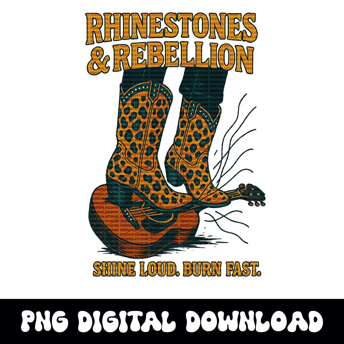 Western "Rhinestones & rebellion" cheetah print cowgirl boots and guitar PNG graphic INSTANT digital download for tshirt sublimation or dtf