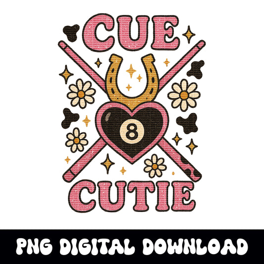 Cue cutie 8ball heart pool stick cow print daisy png graphic digital download for tshirt sublimation or dtf