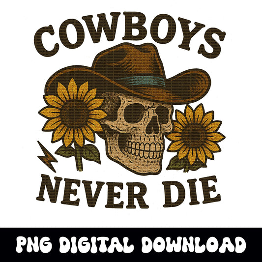 Vintage Western cowboy skull sunflower png graphic digital download for tshirt sublimation or dtf