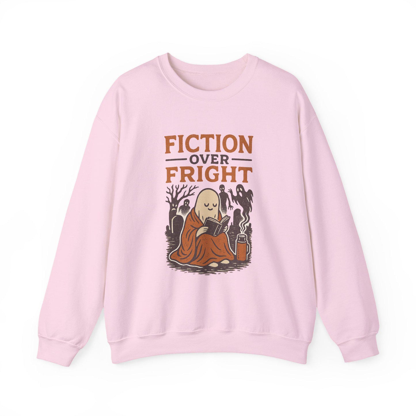 Vintage halloween "fiction over fright" spooky ghost with book graveyard PNG graphic digital download for tshirt sublimation or dtf