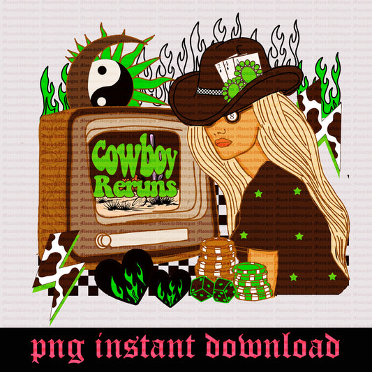 Cowboy reruns Retro western graphic trendy checkered flames turquoise celestial flaming hearts cowprint lightning bolt png instant download