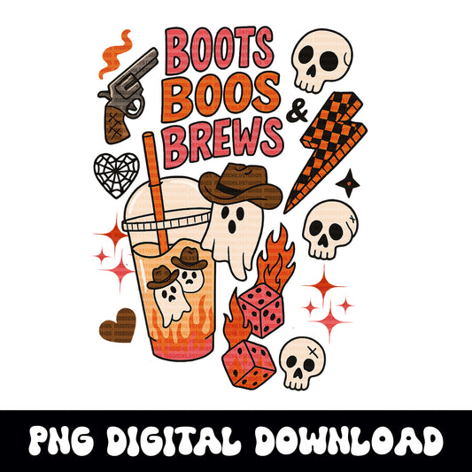Western halloween "boots, boos & brews" fall coffee ghost dice PNG graphic INSTANT digital download for tshirt sublimation or dtf