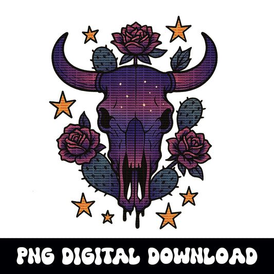 Western galaxy bull skull desert png graphic digital download for tshirt sublimation or dtf