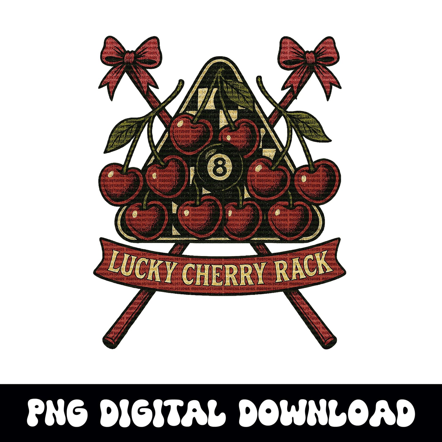 Lucky cherry rack bow pool sticks png graphic INSTANT digital download for tshirt sublimation or dtf