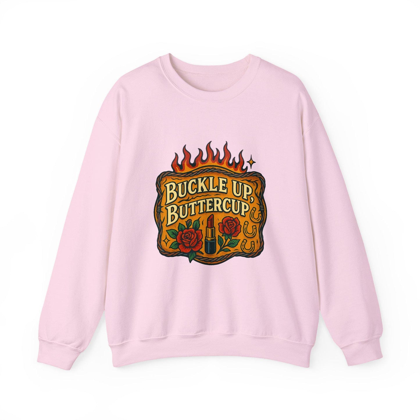 Western buckle up buttercup flaming belt buckle lipstick and rose png graphic INSTANT digital download for tshirt sublimation or dtf