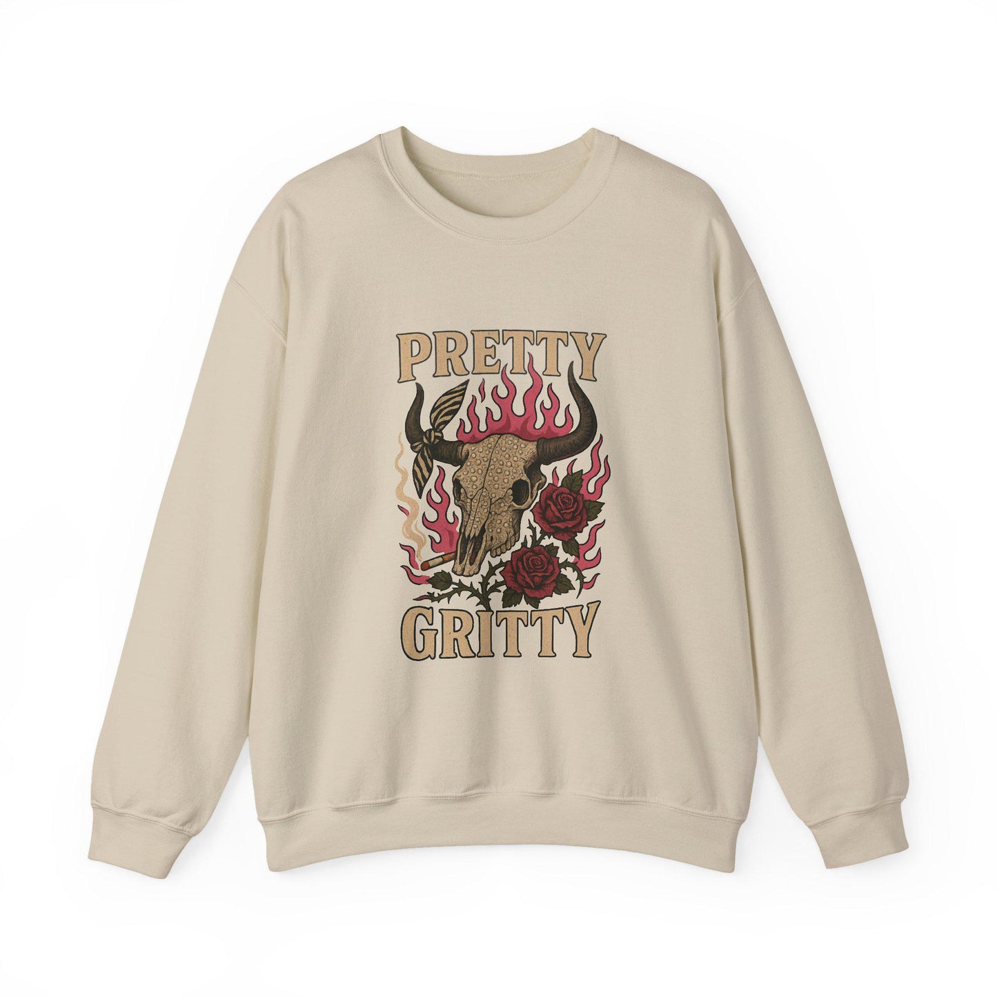 Edgy Western "pretty gritty" flaming cow skull and rose PNG graphic digital download for tshirt sublimation or dtf