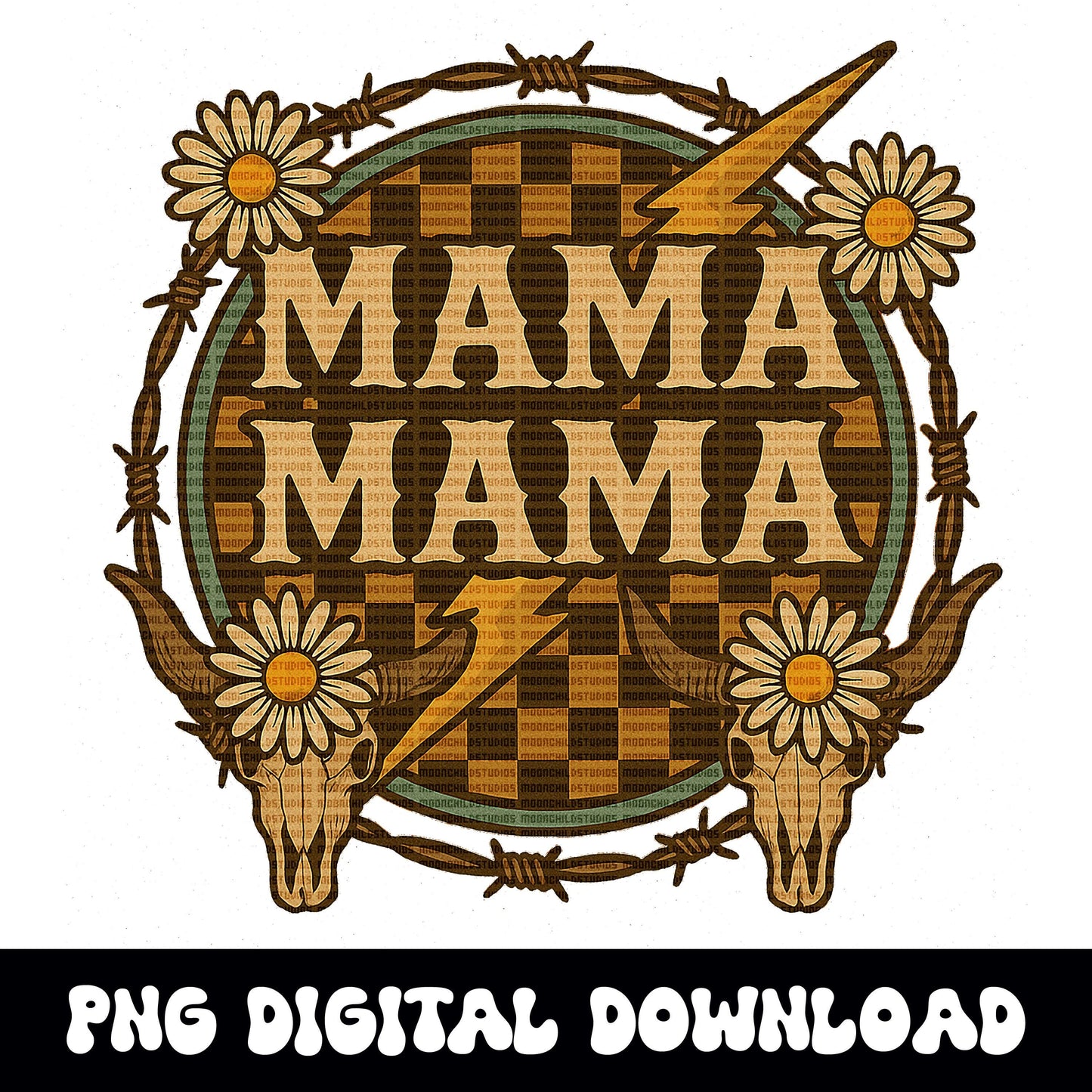 MAMA western daisy bull checkered lightning png design digital download for sublimation or dtf
