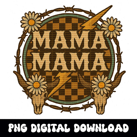 MAMA western daisy bull checkered lightning png design digital download for sublimation or dtf