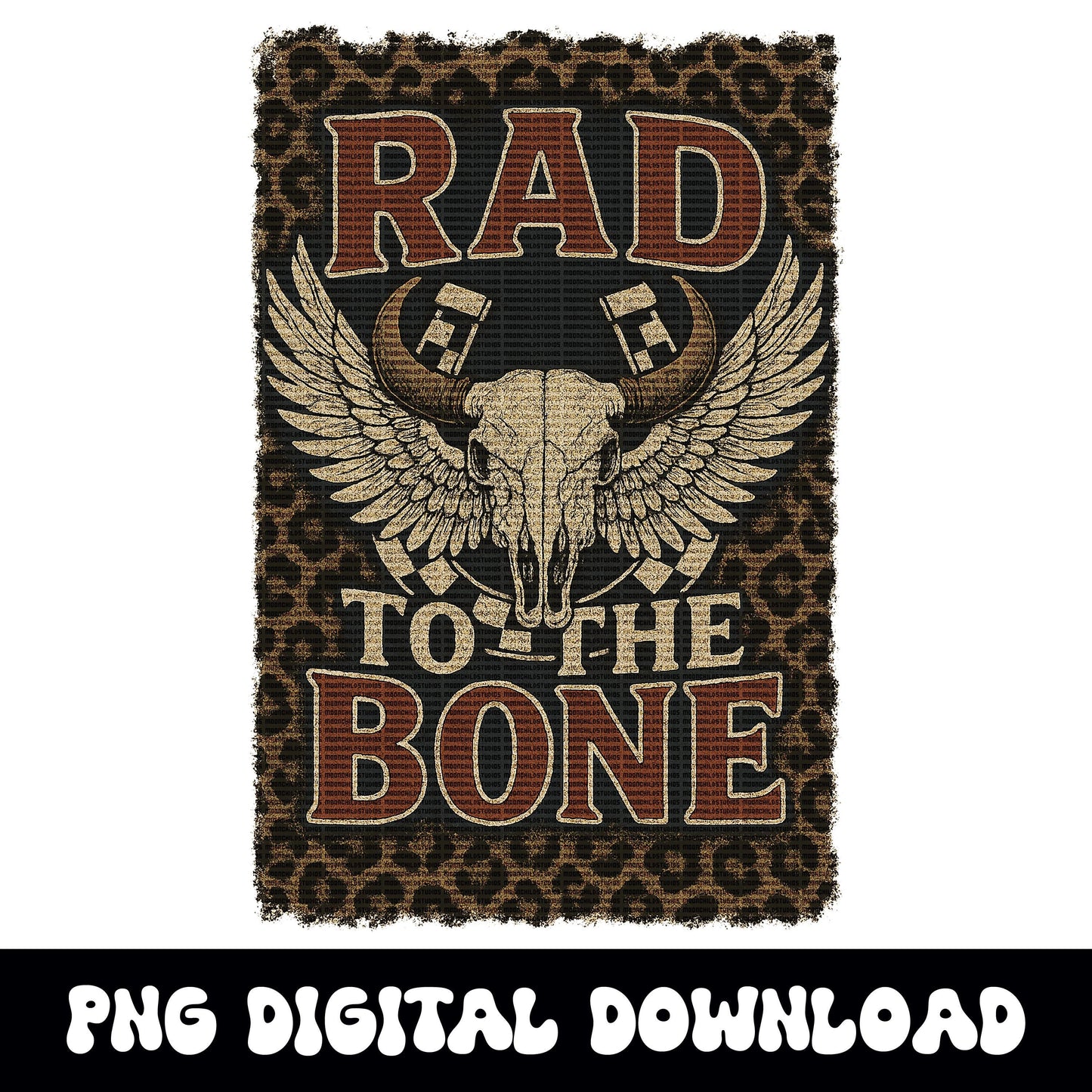 Rad to the bone bull skull cheetah print checkered horse shoe png graphic digital download for tshirt sublimation or dtf