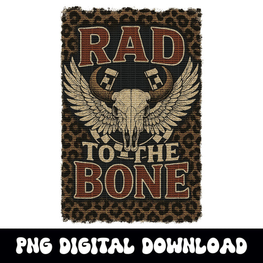 Rad to the bone bull skull cheetah print checkered horse shoe png graphic digital download for tshirt sublimation or dtf
