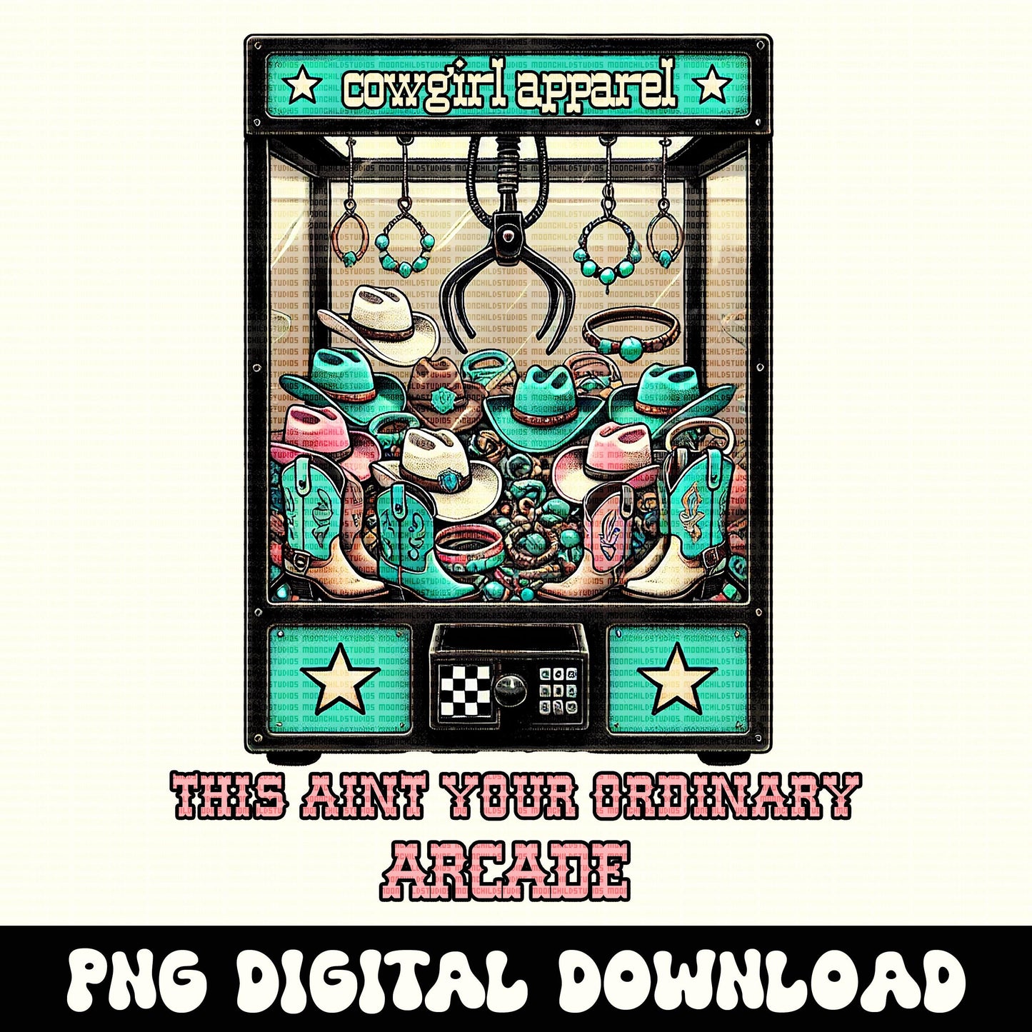 Western Cowgirl apparel arcade claw machine design png graphic for sublimation or dtf