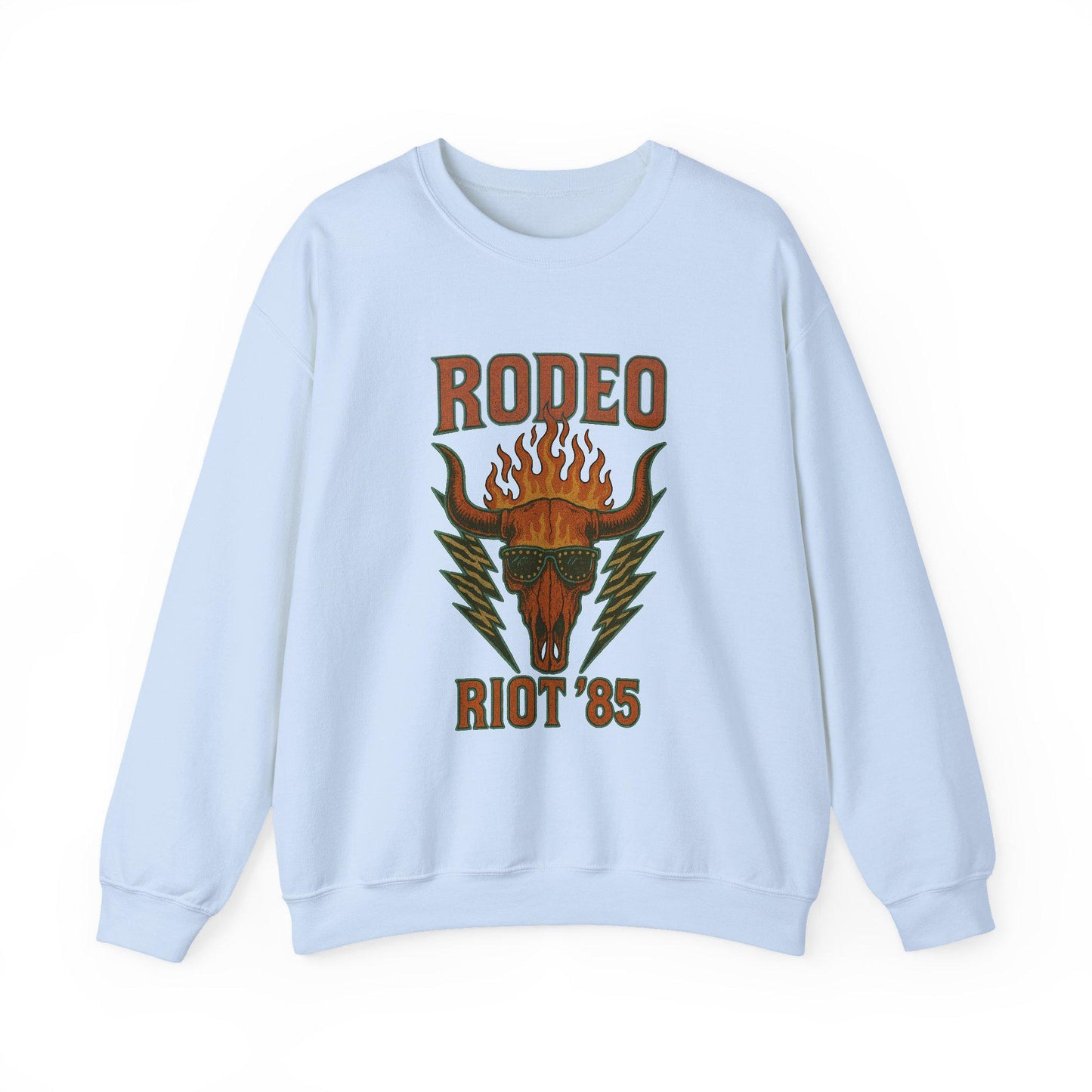 Western 80s band tee inspired "Rodeo Riot" flaming bull skull lightning PNG graphic INSTANT digital download for tshirt sublimation or dtf