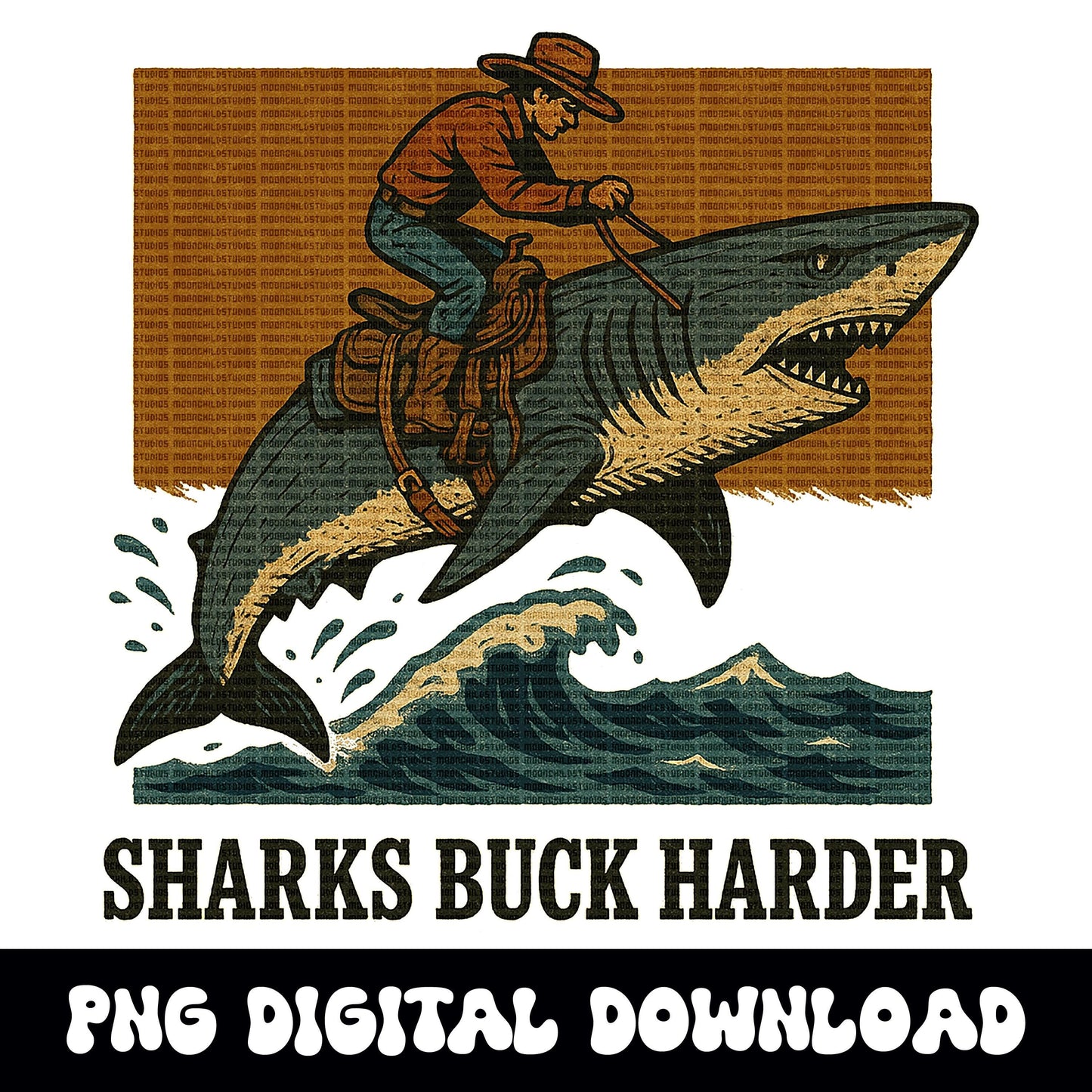 Summer western vintage cowboy on shark beachy png graphic digital download for sublimation or dtf