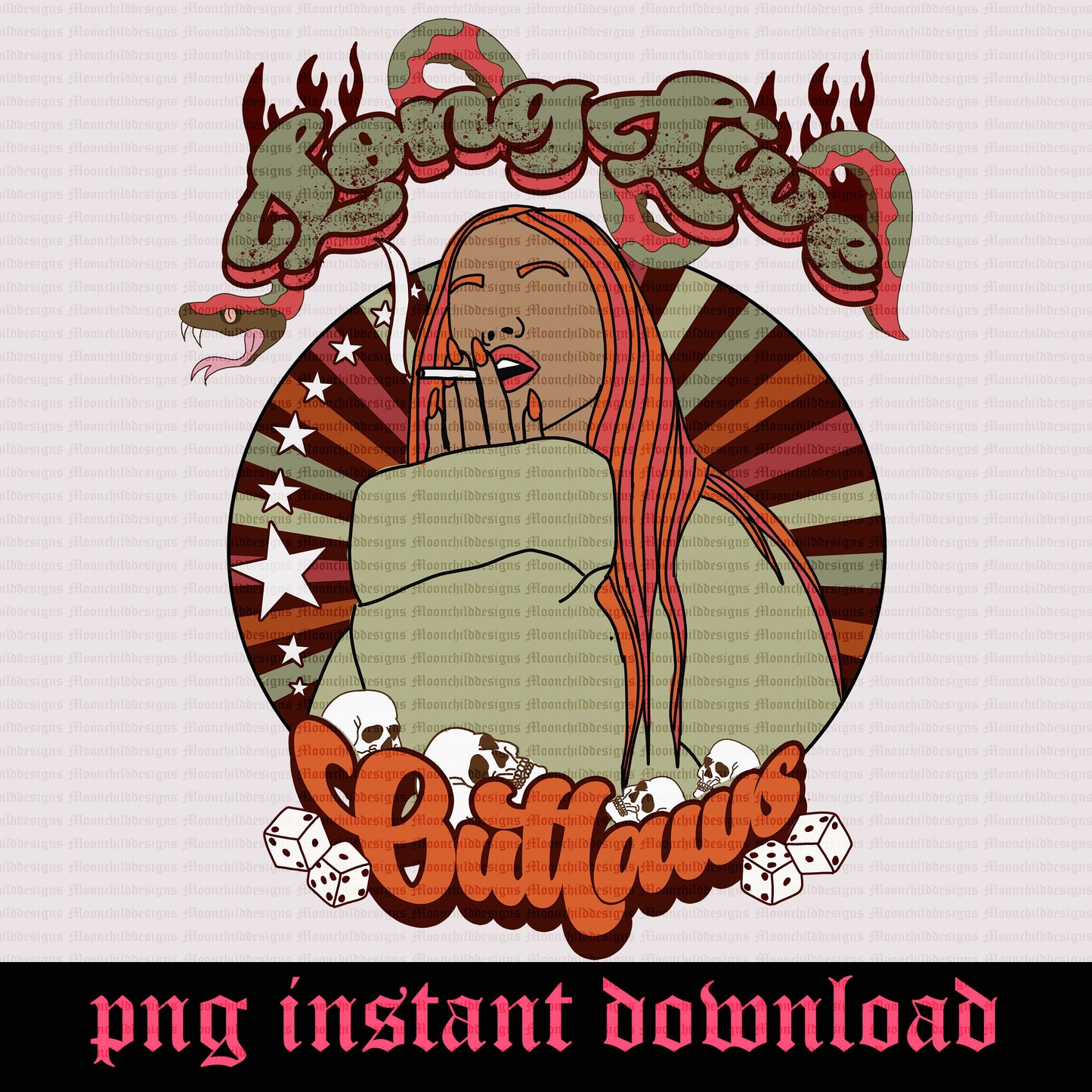 Long live outlaws Trendy western girl skull snake flame dice png graphic digital download