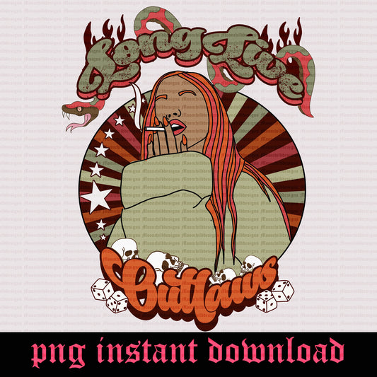 Long live outlaws Trendy western girl skull snake flame dice png graphic digital download