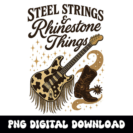 Western "Steel strings & Rhinestone things" cow print guitar cowgirl boot PNG graphic INSTANT digital download for tshirt sublimation or dtf