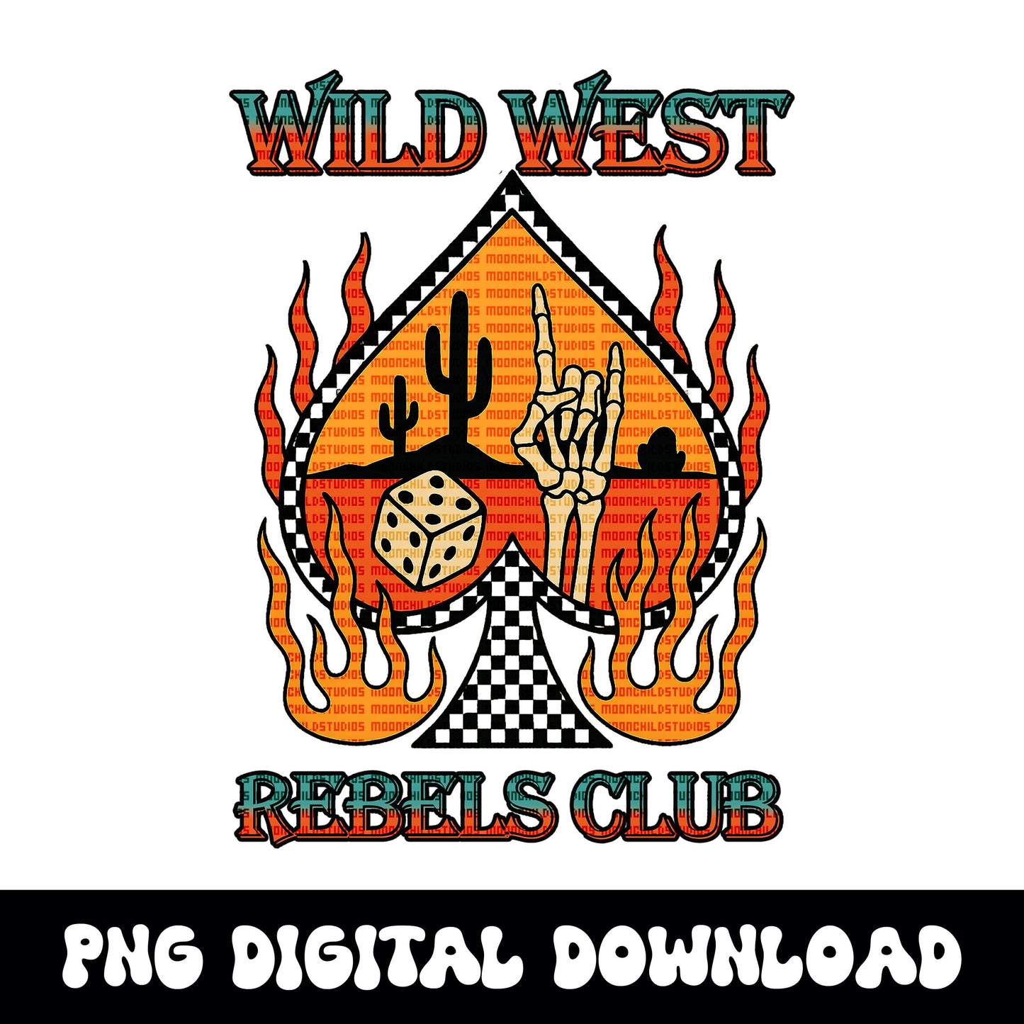 Edgy yallternative desert checkered flaming spade rock and roll dice "wild west rebels club" PNG graphic INSTANT digital download
