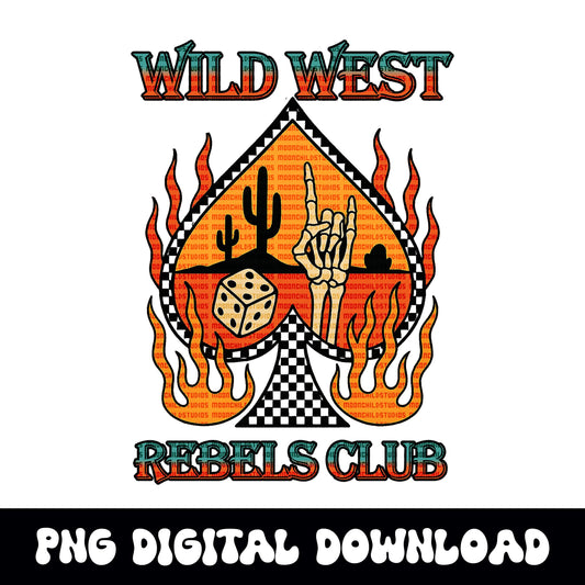 Edgy yallternative desert checkered flaming spade rock and roll dice "wild west rebels club" PNG graphic INSTANT digital download