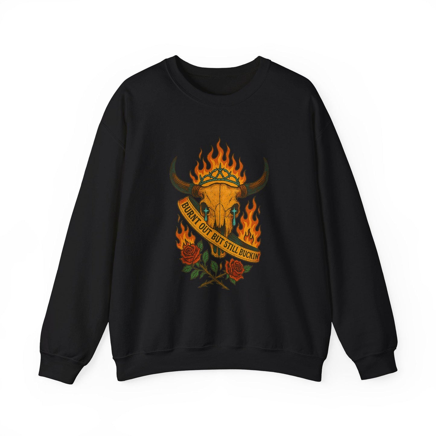 Edgy Western pageant flaming bull skull "burnt out but still buckin" png graphic INSTANT digital download for tshirt sublimation or dtf