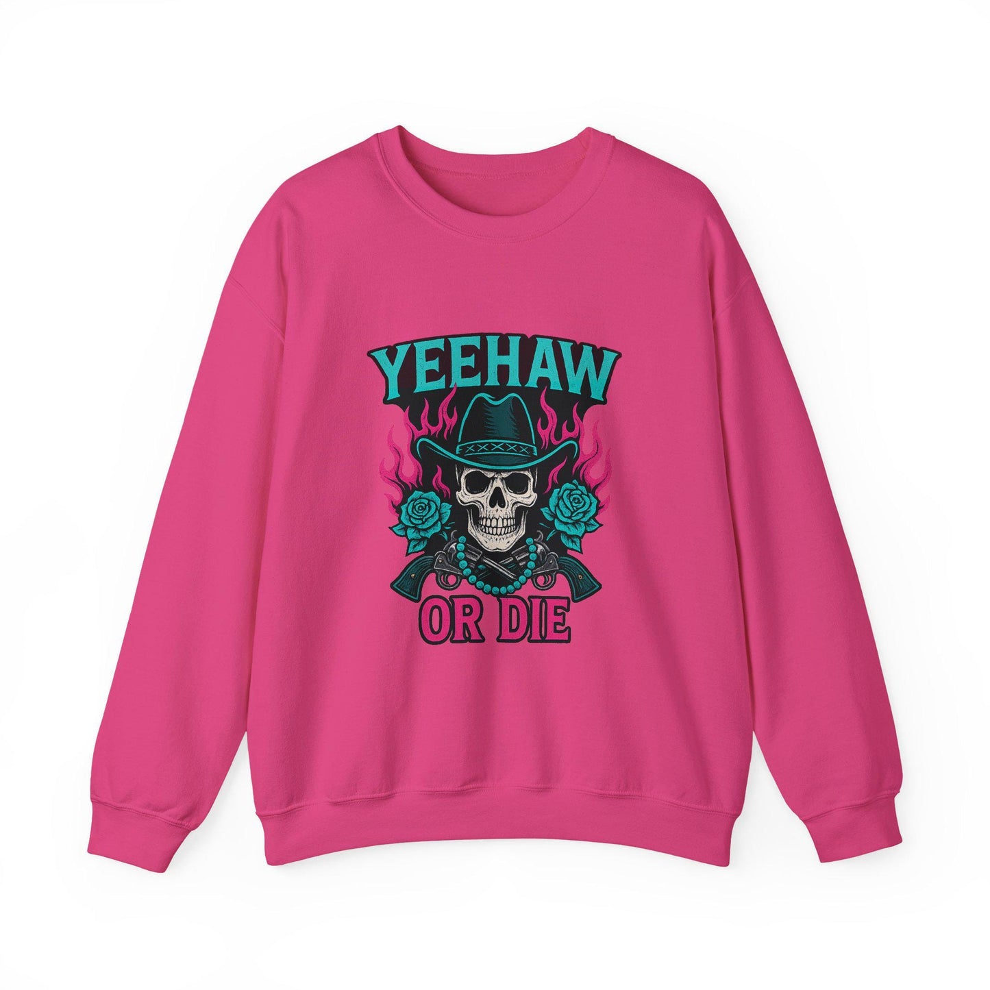 Western "yeehaw or die" flaming skull revolver rose turquoise png graphic INSTANT digital download for tshirt sublimation or dtf