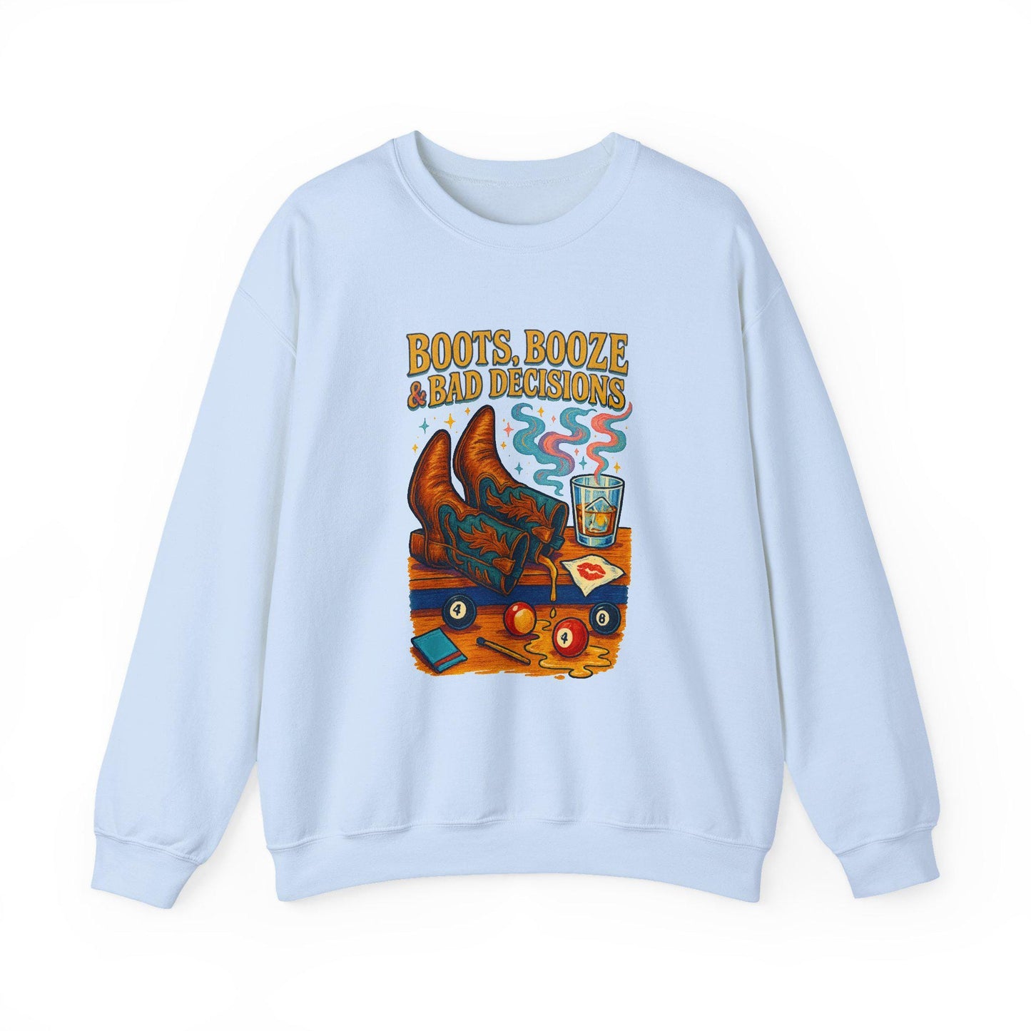 Western "boots, Booze, & bad decisions" cowgirl bar whiskey 8ball lipstick png graphic digital download for tshirt sublimation/dtf