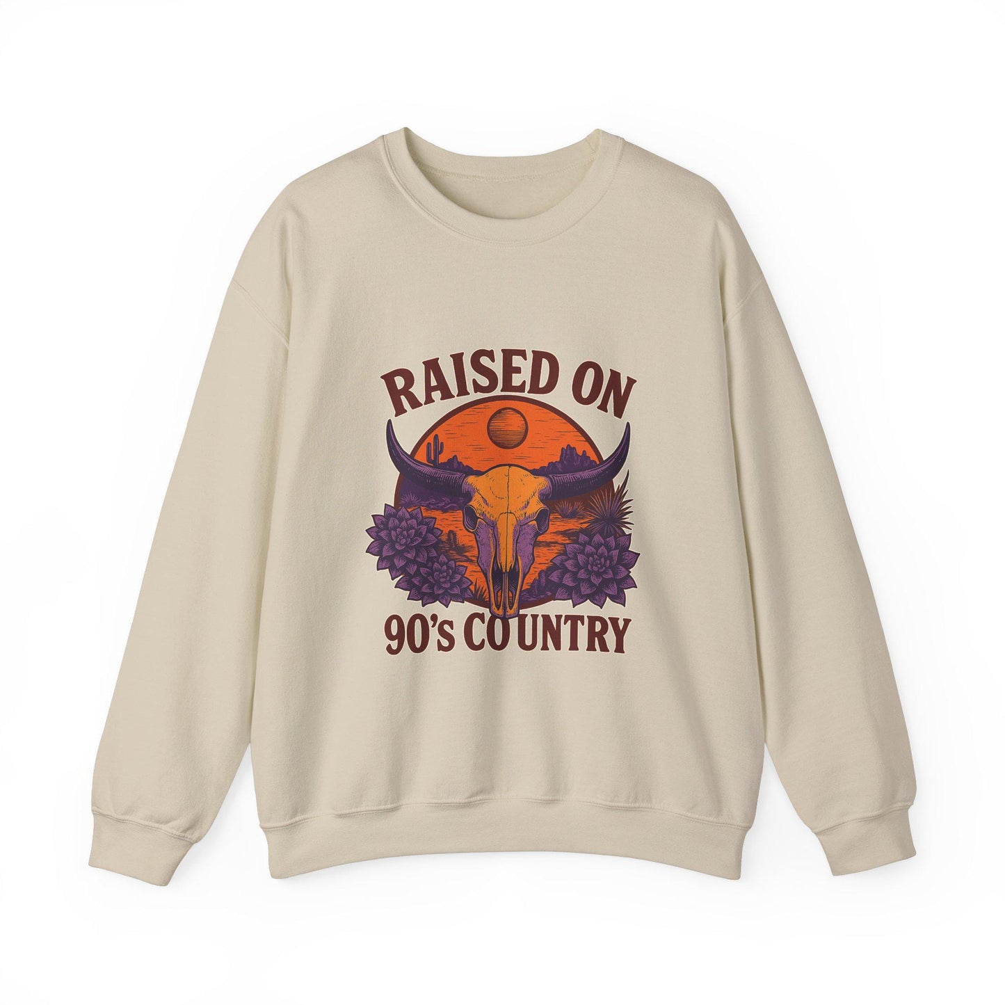 Western "raised on 90s country" bull skull desert png digital download for tshirt sublimation or dtf