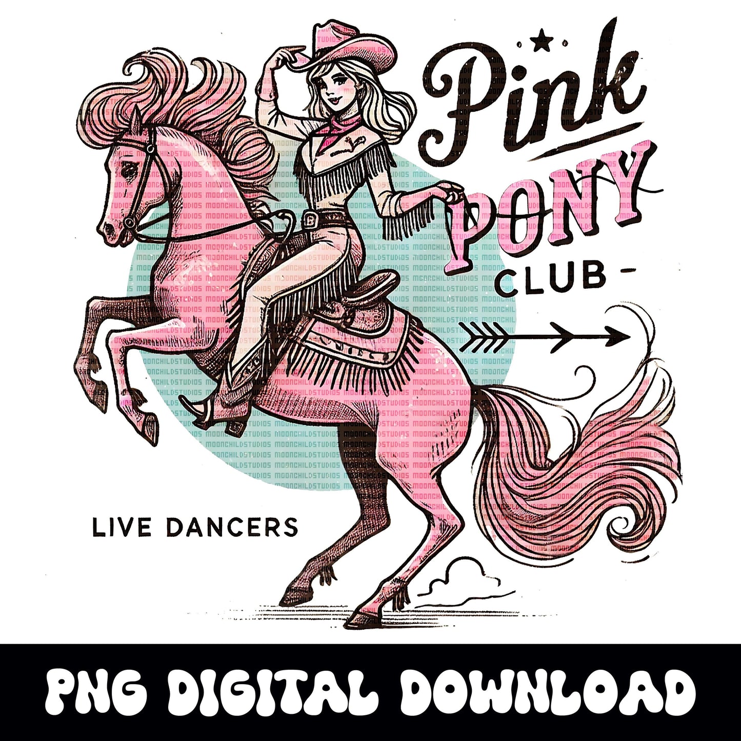Pink Pony club retro vintage western 1950s cowgirl png graphic for sublimation or dtf