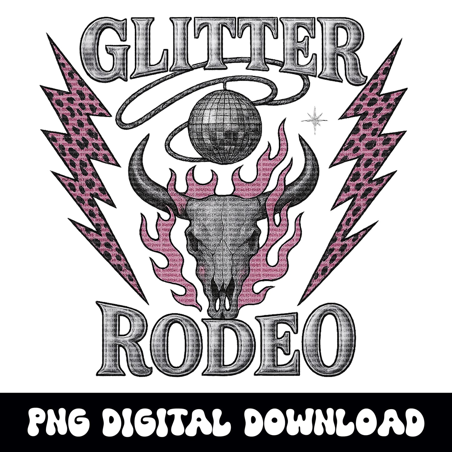 Western "Glitter Rodeo" bull skull disco lightning flame PNG graphic INSTANT digital download for tshirt sublimation or dtf