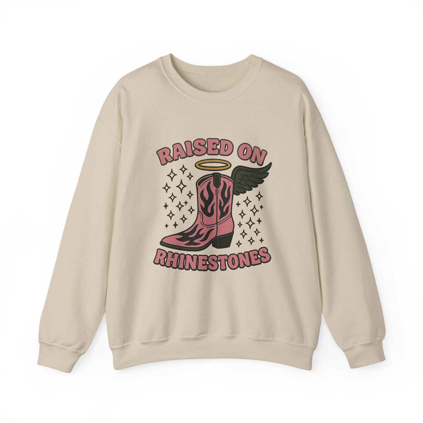 Western "raised on rhinestones" cowgirl boot wing png graphic INSTANT digital download for tshirt sublimation or dtf