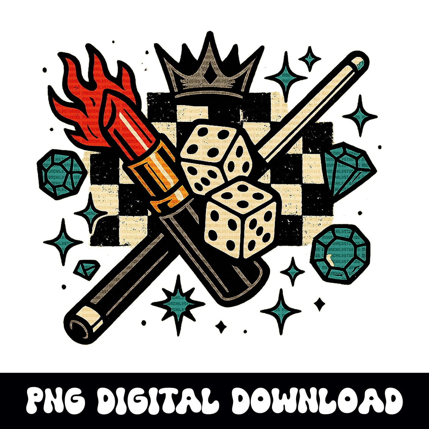 Edgy lipstick pool stick dice checkered flame PNG graphic INSTANT digital download for tshirt sublimation or dtf