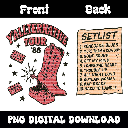 Vintage Western "Yallternative Tour '85" & set list PNG graphic INSTANT digital download for tshirt sublimation or dtf