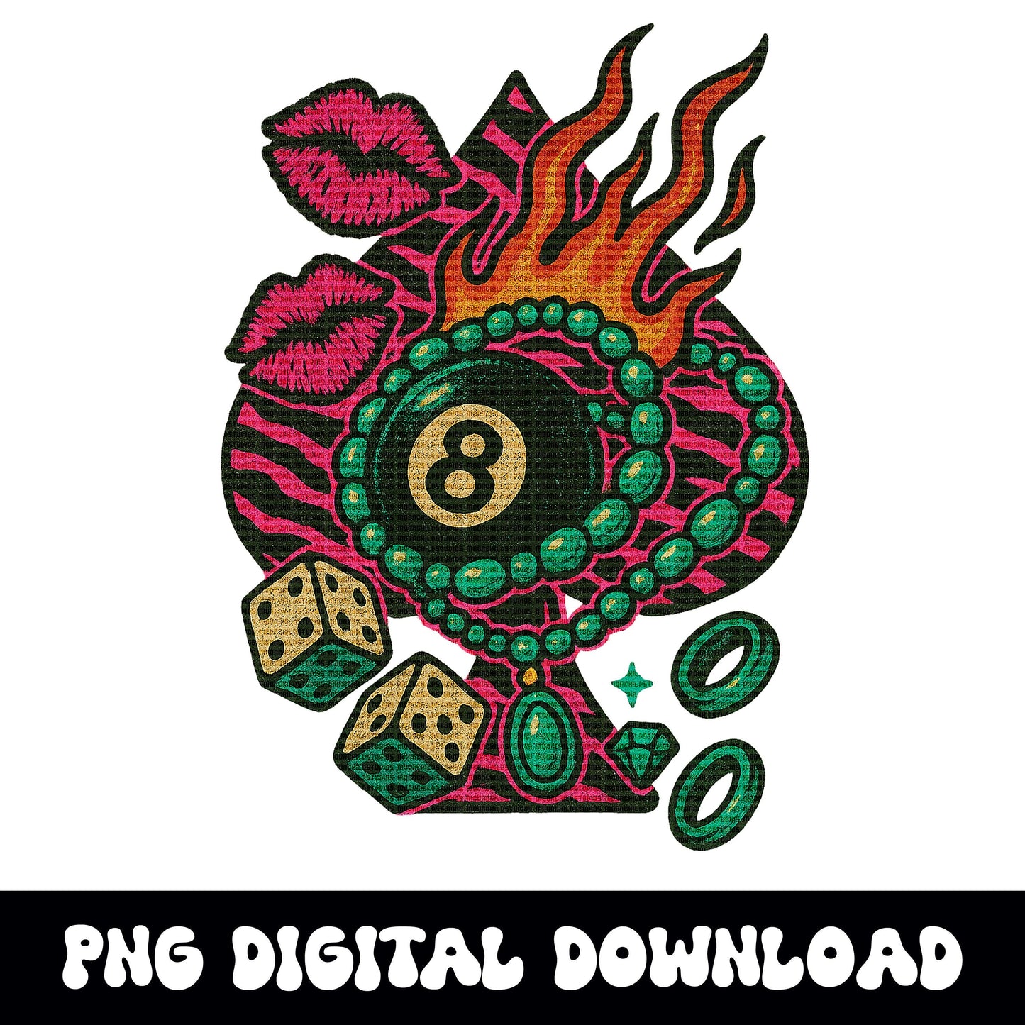8Ball zebra print spade flaming dice turquoise pink kiss PNG graphic digital download for tshirt sublimation or dtf