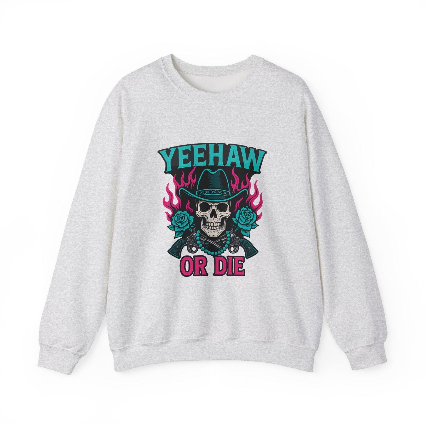 Western "yeehaw or die" flaming skull revolver rose turquoise png graphic INSTANT digital download for tshirt sublimation or dtf