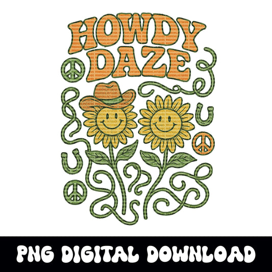Western "Howdy daze" groovy flower PNG graphic digital download for tshirt sublimation or dtf