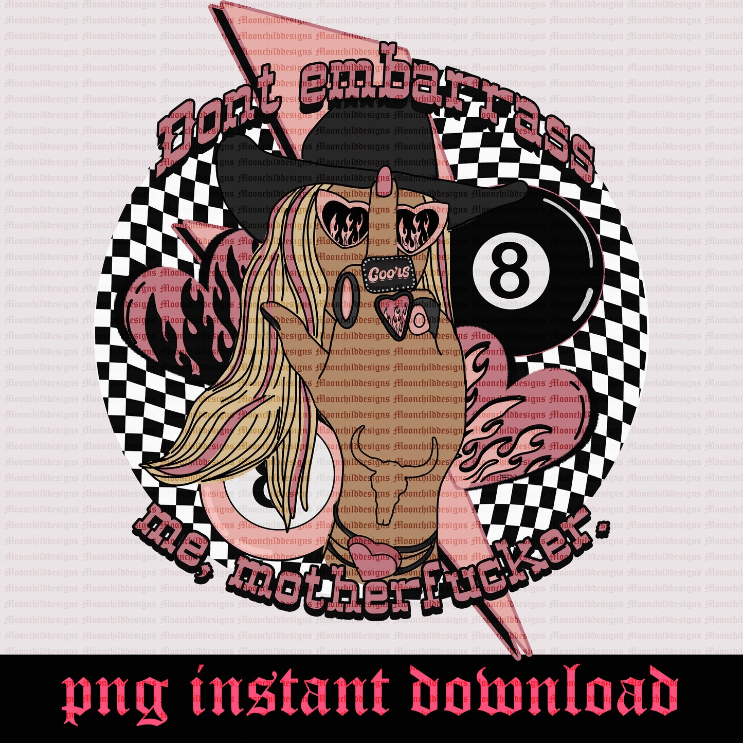 Dont Embarrass me pink cowgirl 8 ball trendy checkered flaming heart lightning bolt Png graphic