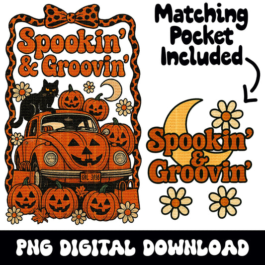 Groovy vintage halloween pumpkin beetle pumpkin PNG graphic digital downloads for tshirt sublimation or dtf