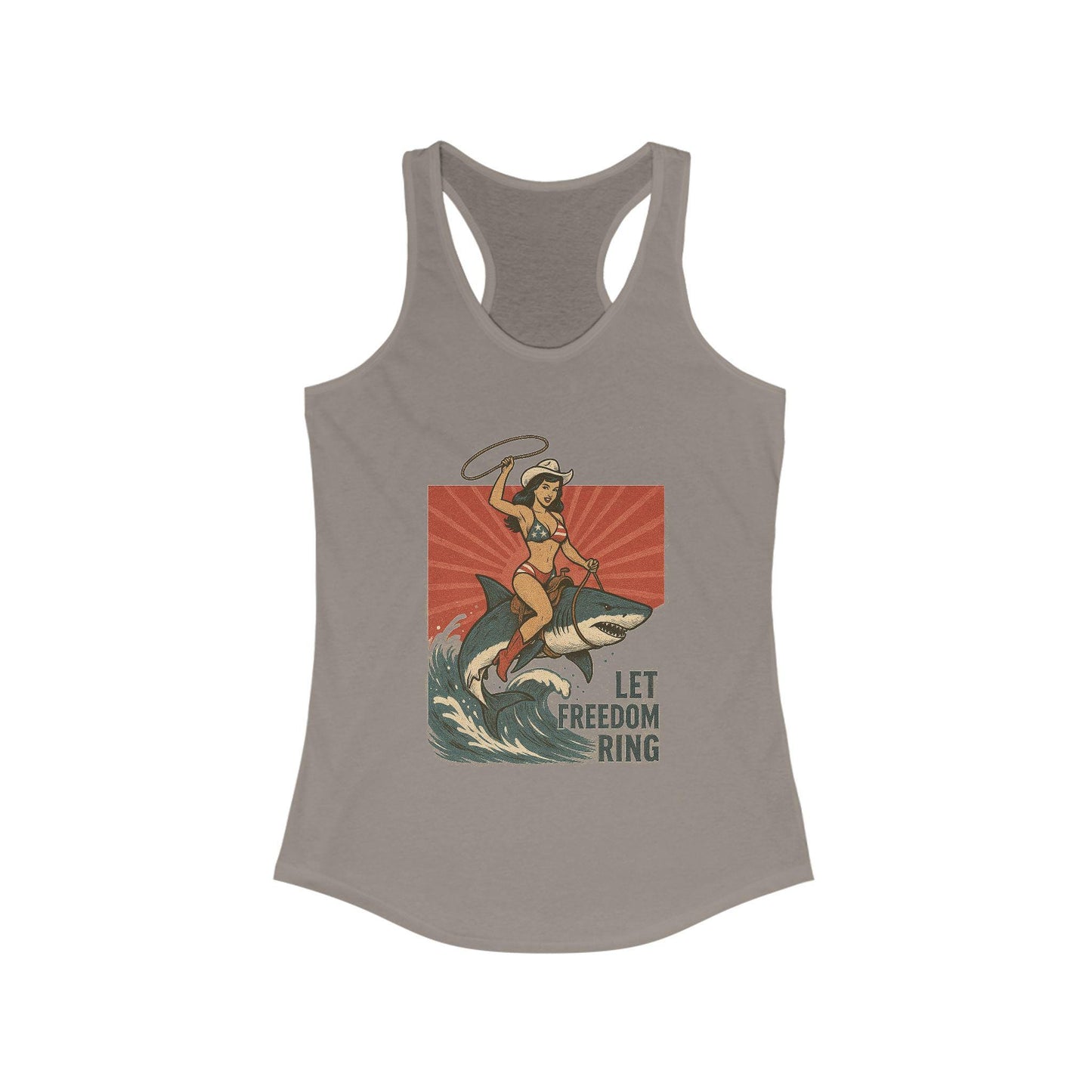 Western summer Independence day pinup cowgirl on shark beach design png graphic digital download for sublimation or dtf