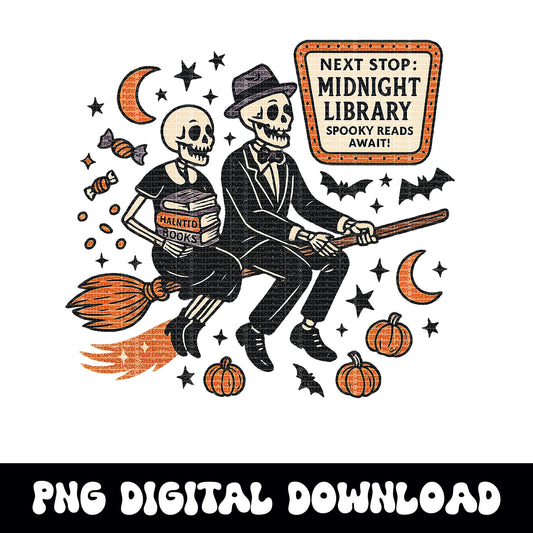 Spooky halloween "midnight library" vintage skull witch PNG graphic INSTANT digital download for tshirt sublimation or dtf