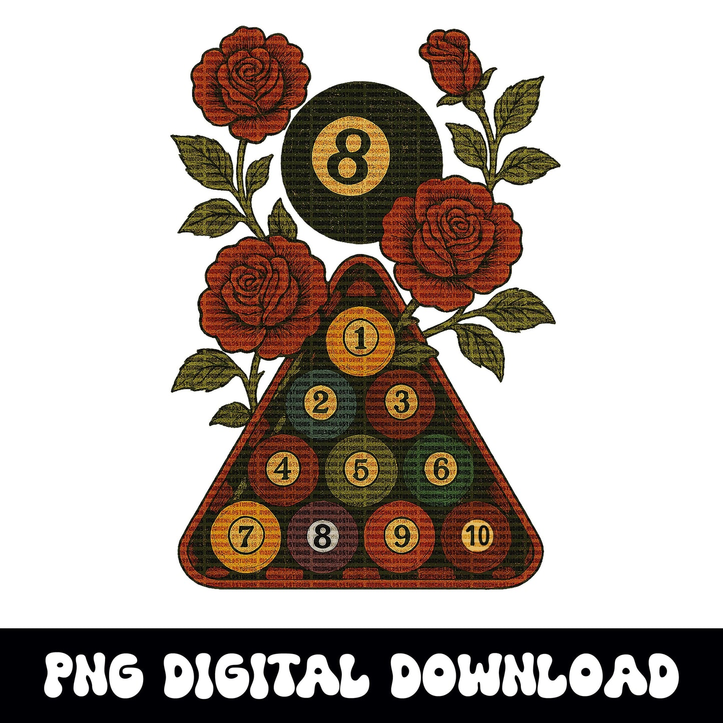 Rose vine pool ball rack 8ball png graphic digital download for tshirt sublimation or dtf