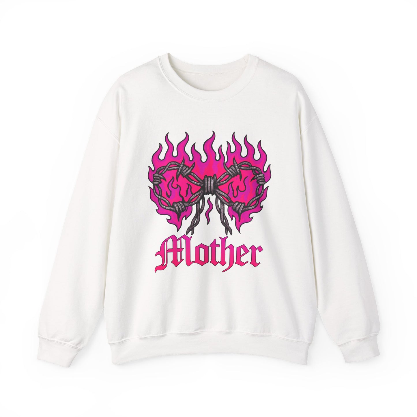 Mother Graphic Sweatshirt — Pink Flaming Heart & Barbed Wire Crewneck