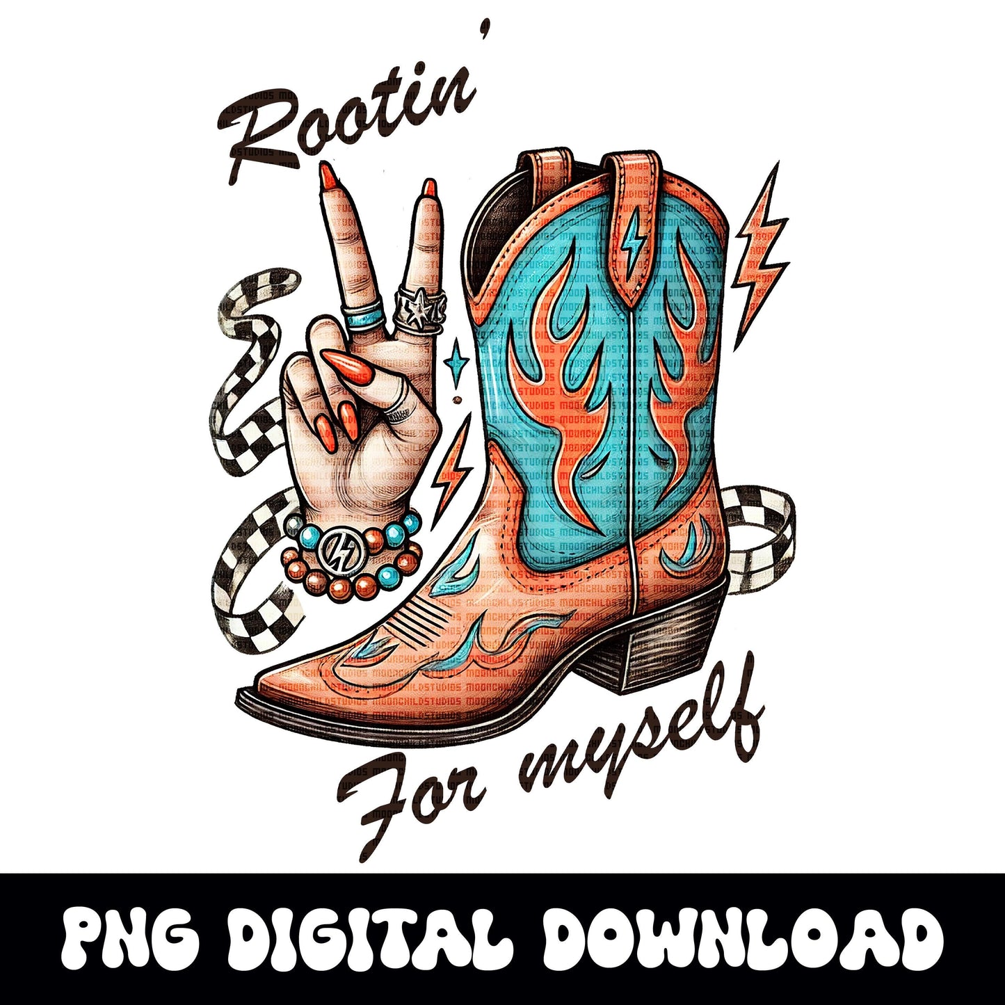 Western "Rootin for myself" cowgirl boot peace sign checkered png graphic download for sublimation or dtf