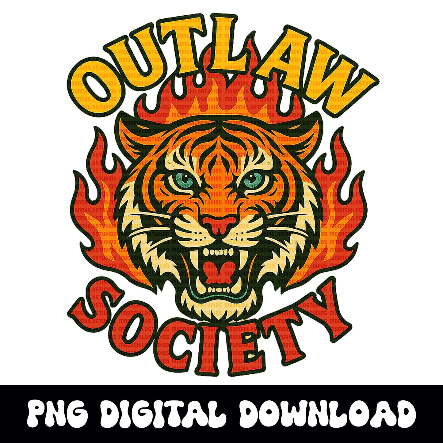 Edgy yallternative outlaw society flaming tiger PNG graphic INSTANT digital download for tshirt sublimation or dtf