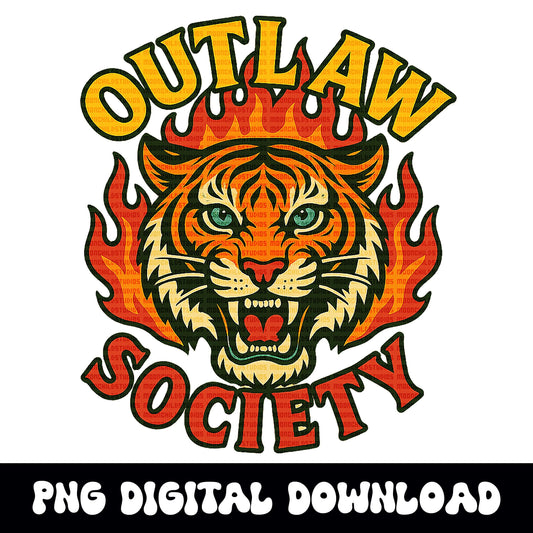 Edgy yallternative outlaw society flaming tiger PNG graphic INSTANT digital download for tshirt sublimation or dtf