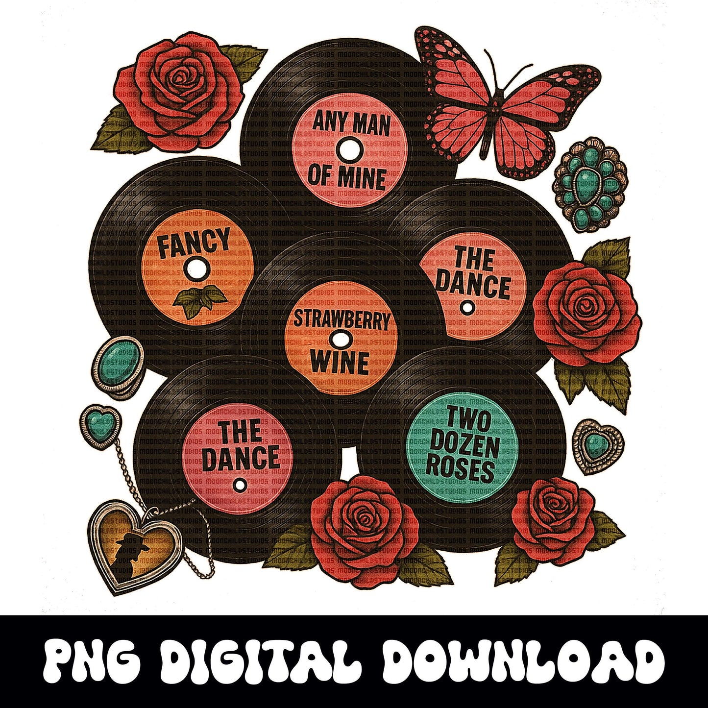 90s country music records western cowgirl butterfly turquoise png graphic digital download for tshirt sublimation or dtf