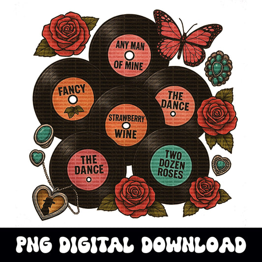 90s country music records western cowgirl butterfly turquoise png graphic digital download for tshirt sublimation or dtf